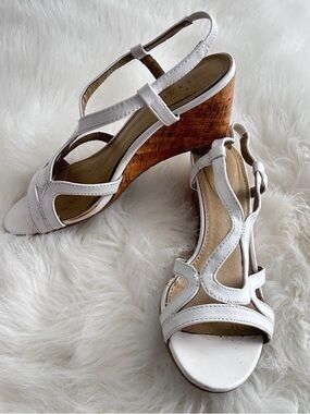 Pesaro White Leather Wedge Sandals with Cork-Effect Heel